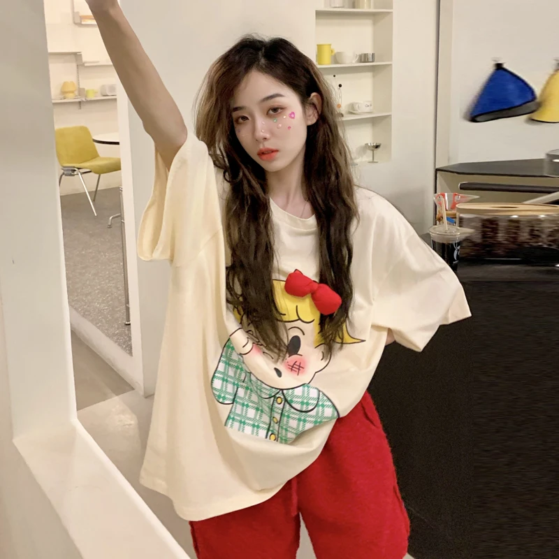 

Three dimensional cartoon T-shirt women's summer Korean 2022 new design loose medium length chic printed top fashion