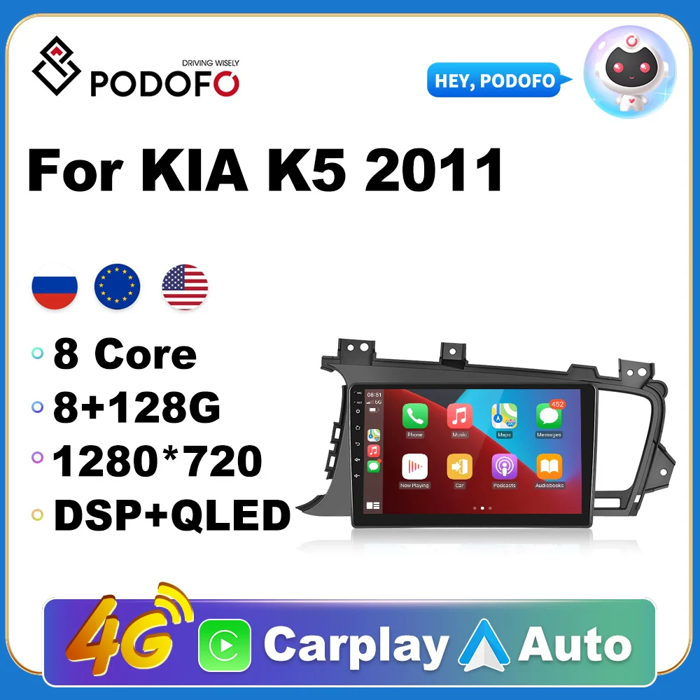 

Podofo For Kia K5 2011 GPS Navigation 2 din Car Radio Android Auto Multimedia Video Player Carplay 4G WIFI DSP RDS Stereo