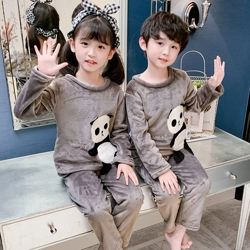 Kids Flannel Pajamas Autumn Winter Warm Round Neck Cartoon Pyjamas Boys Girls Nightgowns Children Sleepwear Long Clothing Suit