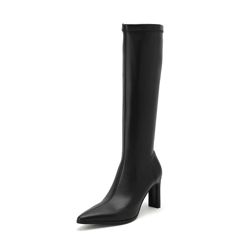 Женские сапоги до колена из ПУ кожи с острым носком