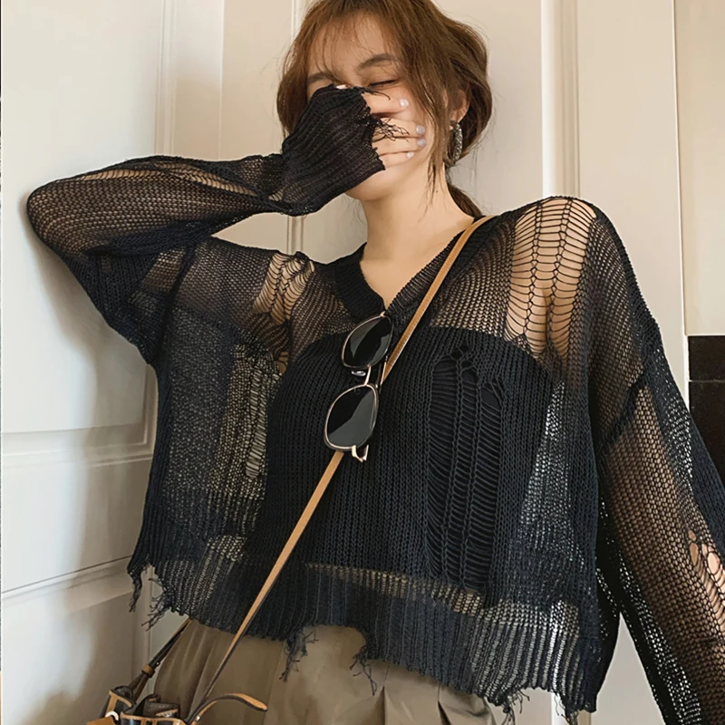 

Y2k Black Gothic Crew Neck Thin Women Pullover Loose Sweaters Hollow Holes Streetwear Stretch Knit Sexy Sheer Slim Fit Crop Tops