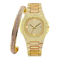 iced out watch with bangle for women bling miami bracelet hip hop luxury watches diamond ladies gold clock set jewelry