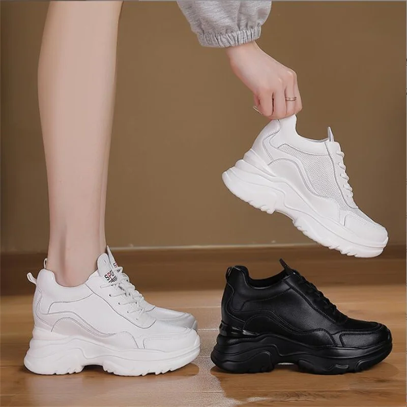 

Women Mesh Sneakers Casual Platform Trainers Chunky Leather Shoe 8CM Heels Autumn Wedges Breathable Height Increased Shoes Woman