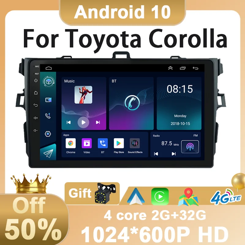 Автомобильный радиоприемник 4 ядра Android 10 для Toyota Corolla E140 / 150 2006 2007 2008 2009 2010 2011 2012 2013