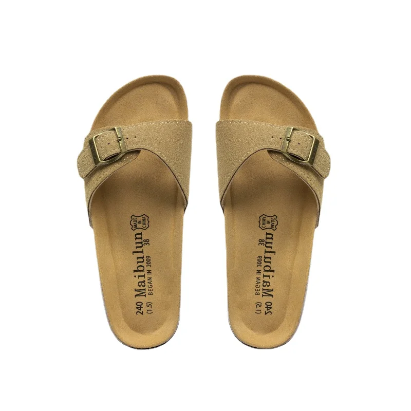 

Flat Cork Slippers Single-buckle Sandals for men and women Casual Beach Non-slip Outside Nubuck Leather Slip on Slides Shoes