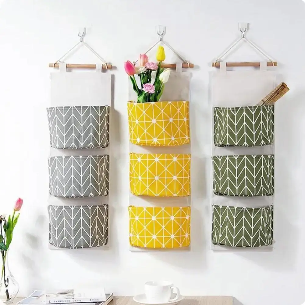 

3 Pockets Cotton Linen Blend Hanging Bag Creative Geo Behind Multi-layer Pocket Pattern Hanging Door Moistureproof Sundries Z7N1