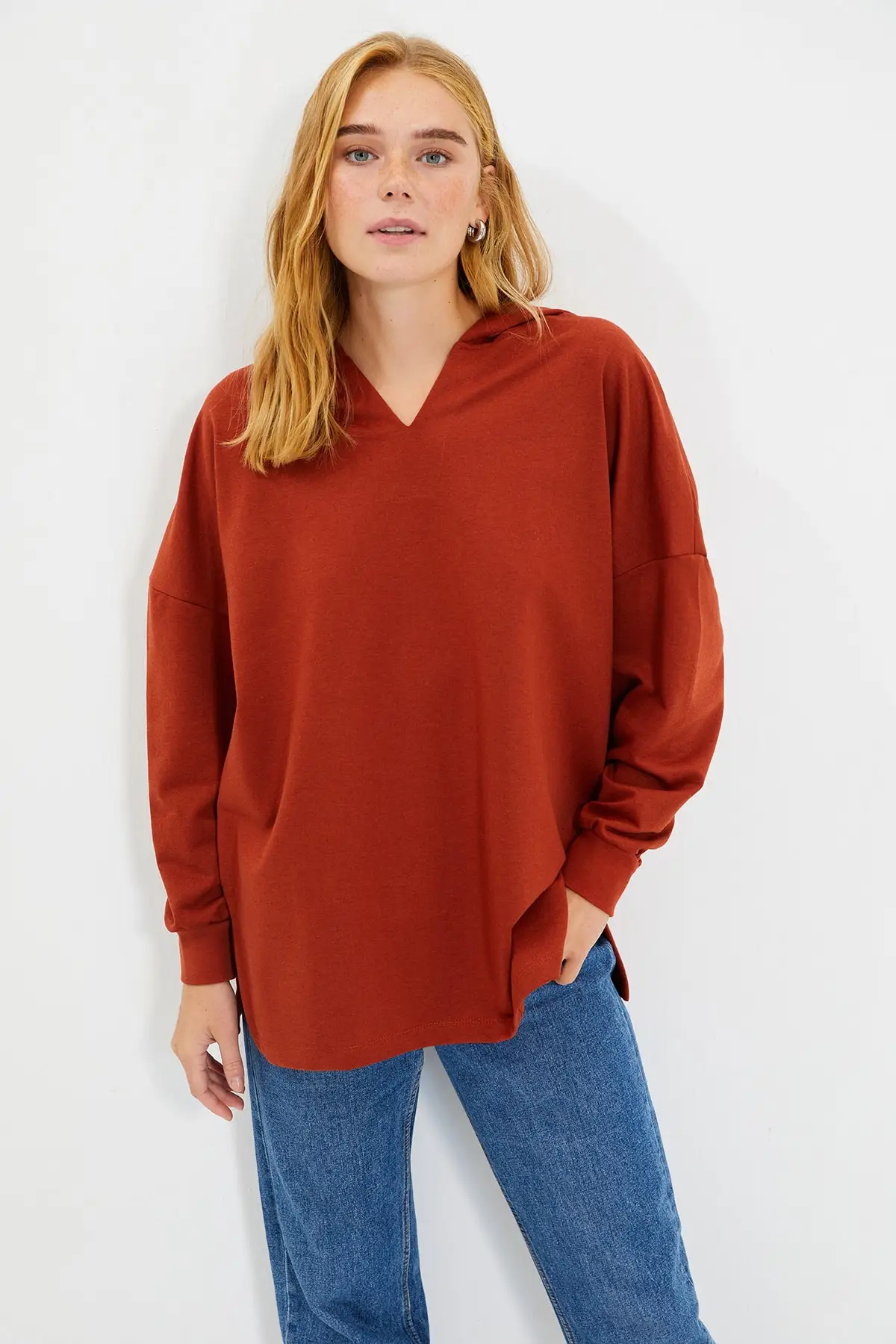 

Women's Sweatshirt Tile Hooded Collar Detailed Knitted Thin Hoodies Fashion All Season New Pullovers Fleece