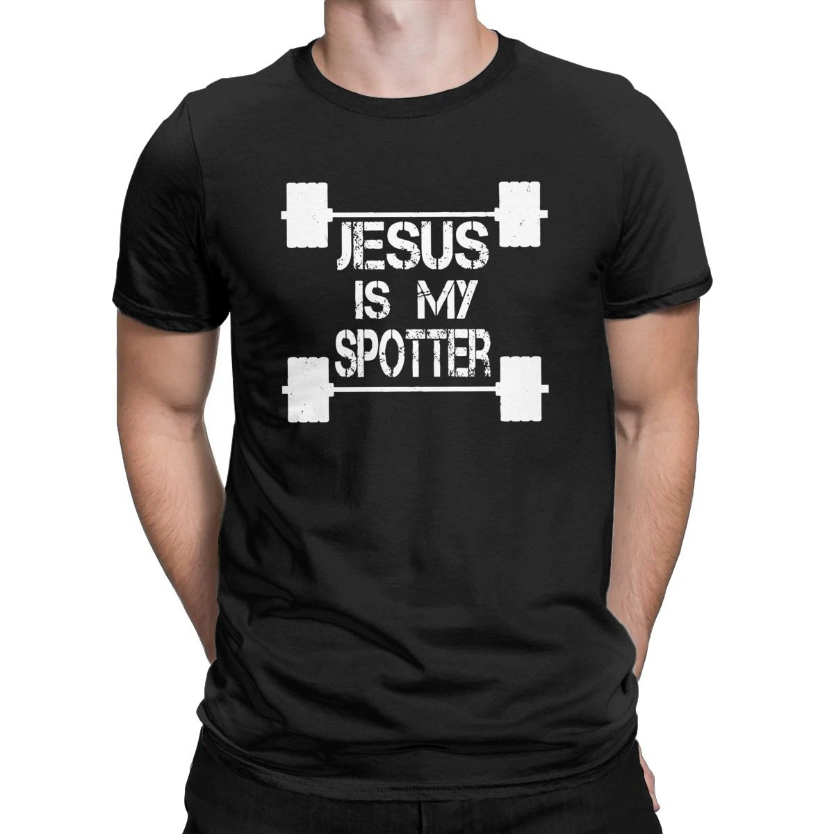 

Men T-Shirt Jesus Is My Spotter With Barbells Novelty Cotton Tee Shirt Short Sleeve Fitness Christian T Shirt Clothes Unique
