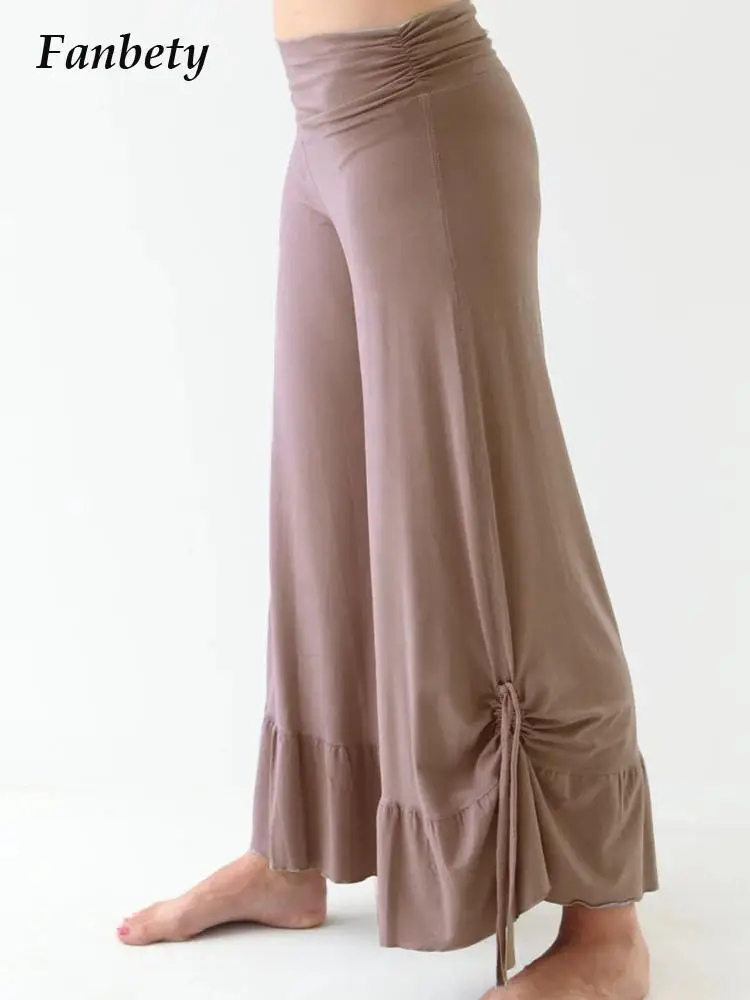 

Women's New Design Drawstring Wide Leg Flare Pants Casual Loose Running Yoga Sports Pants Home Solid Color Casual Pants Trousers