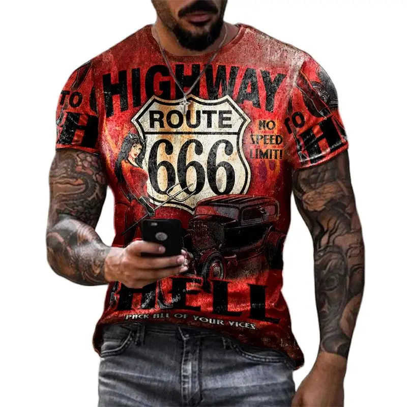 

2022 Summer Retro America Route 66 3D Printed Men's T-shirts Vintage Loose Men Clothing Round Neck Short Sleeve Unisex Tops Tees