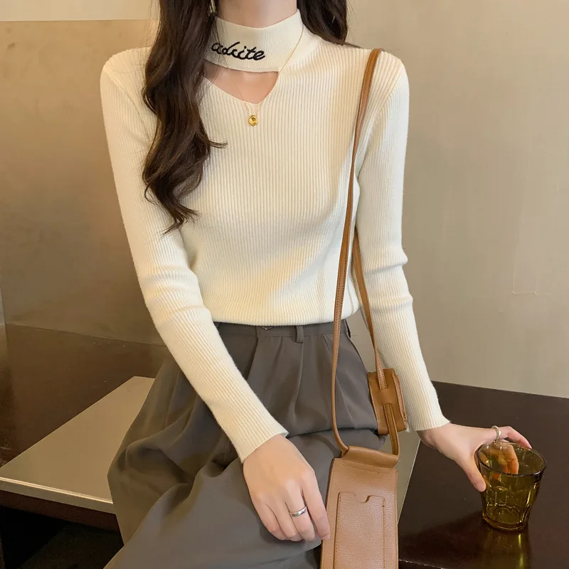 

Spring and autumn new style half high collar slim fitting long sleeve bottomed sweater top foreign style hollow out middle