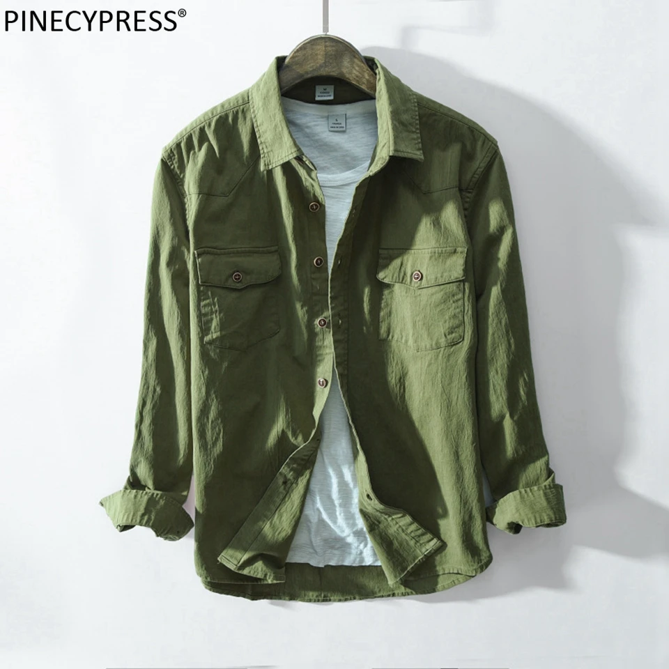 

97% Cotton 3% Spandex Man Denim Shirt Quality Spring Autumn Long Sleeve Male Pocket Army Green Men Jean Casual Cowboy Shirts