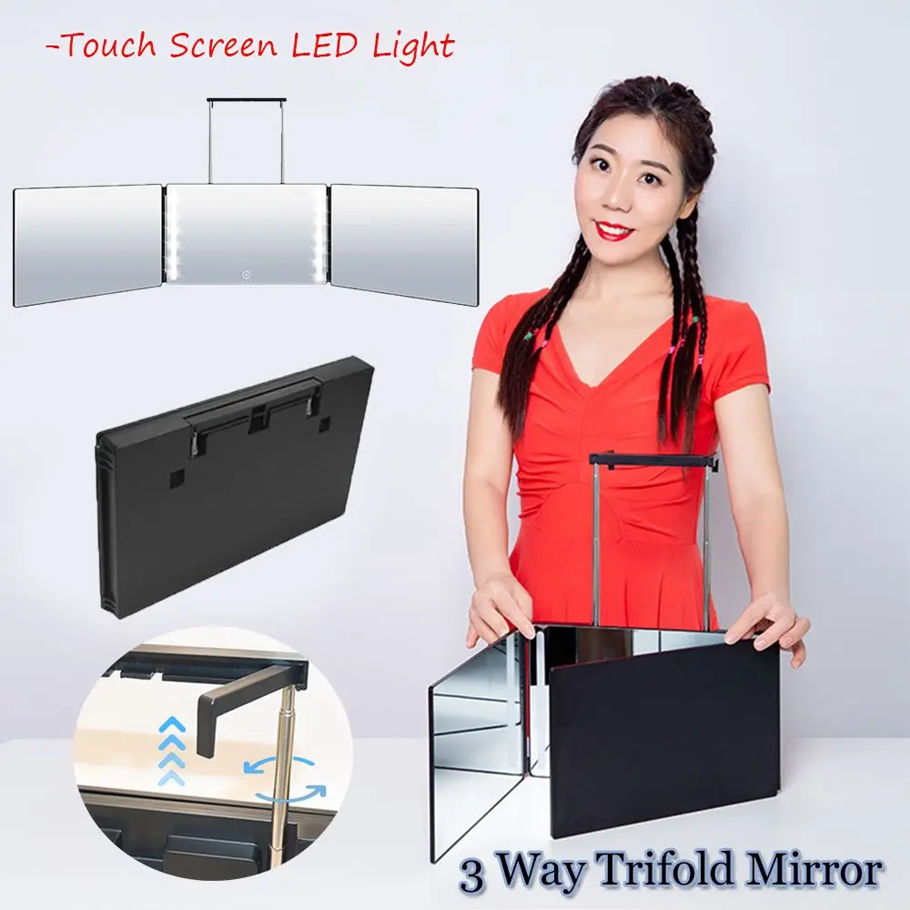 

Height Brackets DIY Haircut Tool Shaving 360° Barber Mirror Portable 3 Way Trifold Mirror Touch Screen LED Light