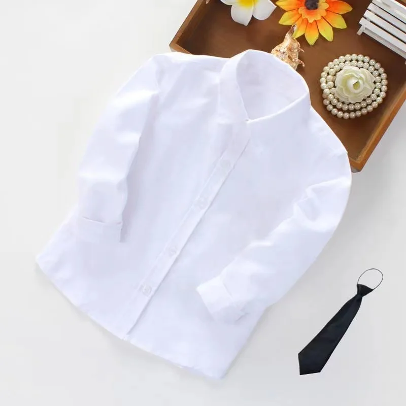 

Children's white shirt girls/boys' 2-14 long-sleeved casual solid color lapel primary school uniforms performance clothing