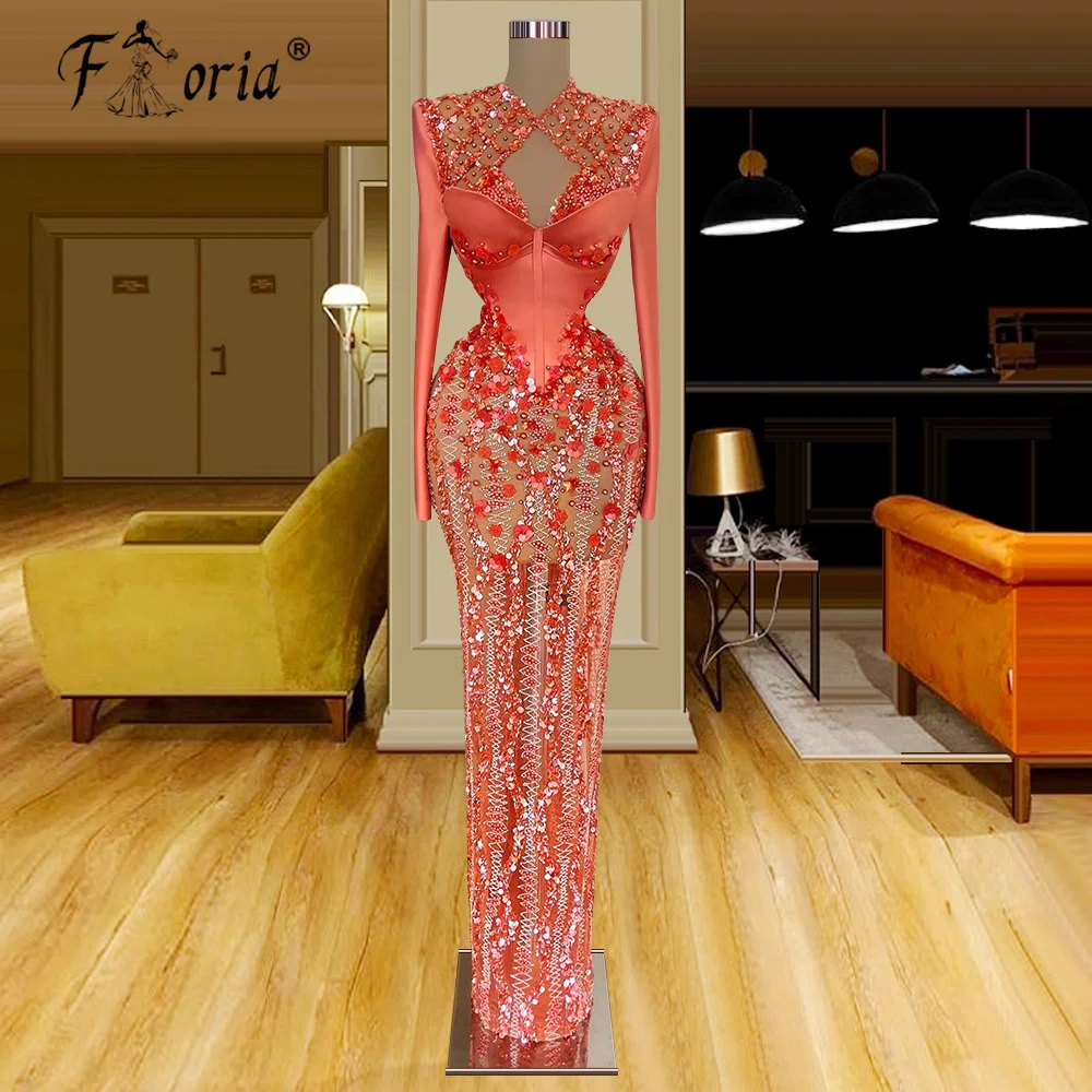 

Floria Oragne Illsuion Memaid Evening Dresses Luxury Dubai Sequin Flowers Long Prom Dress For Woman Wedding Party 2023 New Robe