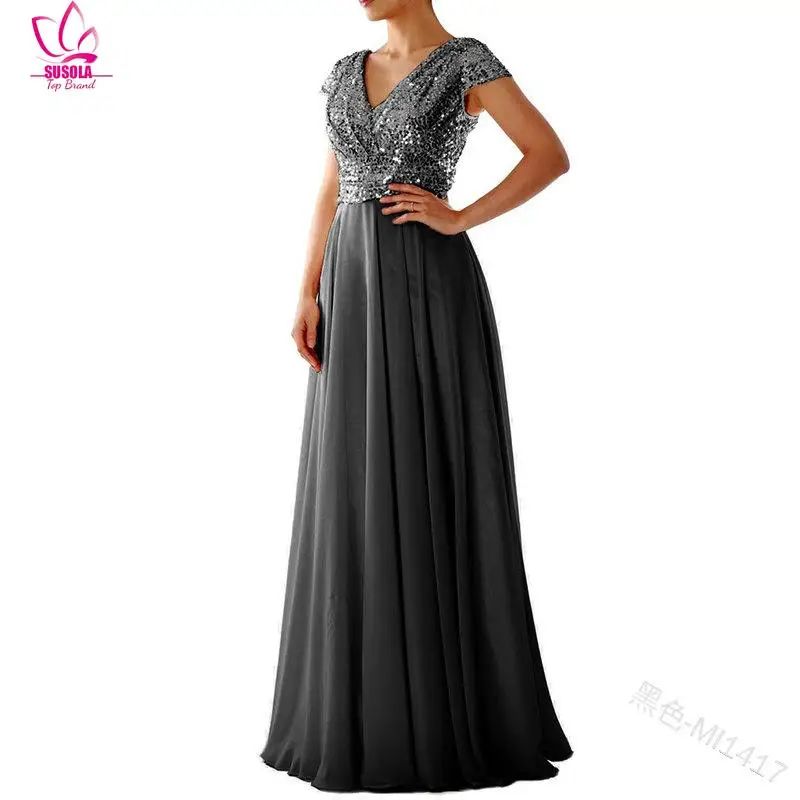 Вечернее платье с V-образным вырезом и золотыми блестками макси-платья длиной до