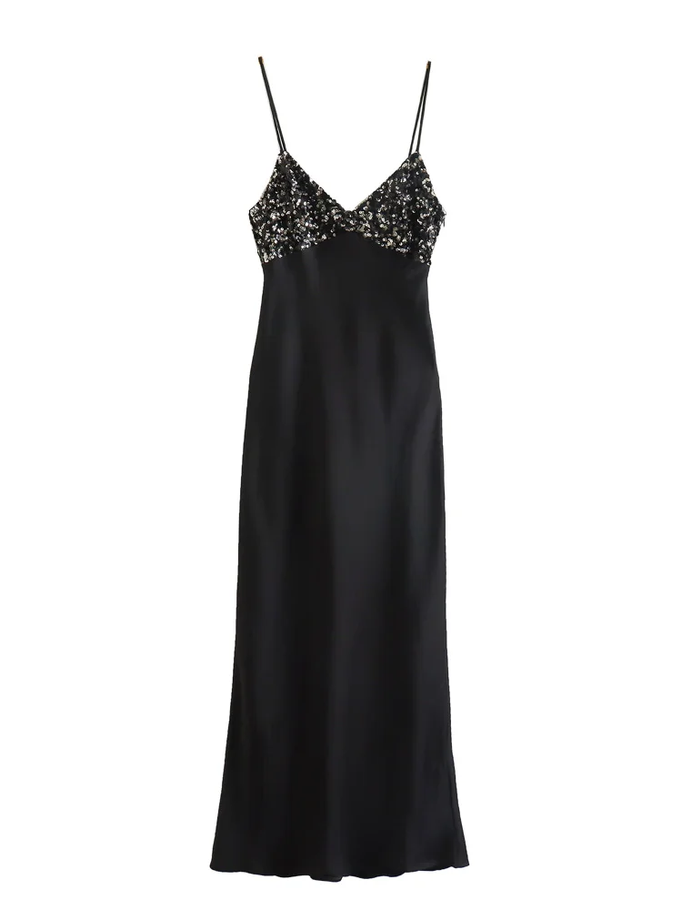 

Вечерние платья для вечеринок для женщин 2022 v-образный вырез без рукавов с блестками лоскутное атласное платье миди на бретельках для ночно...