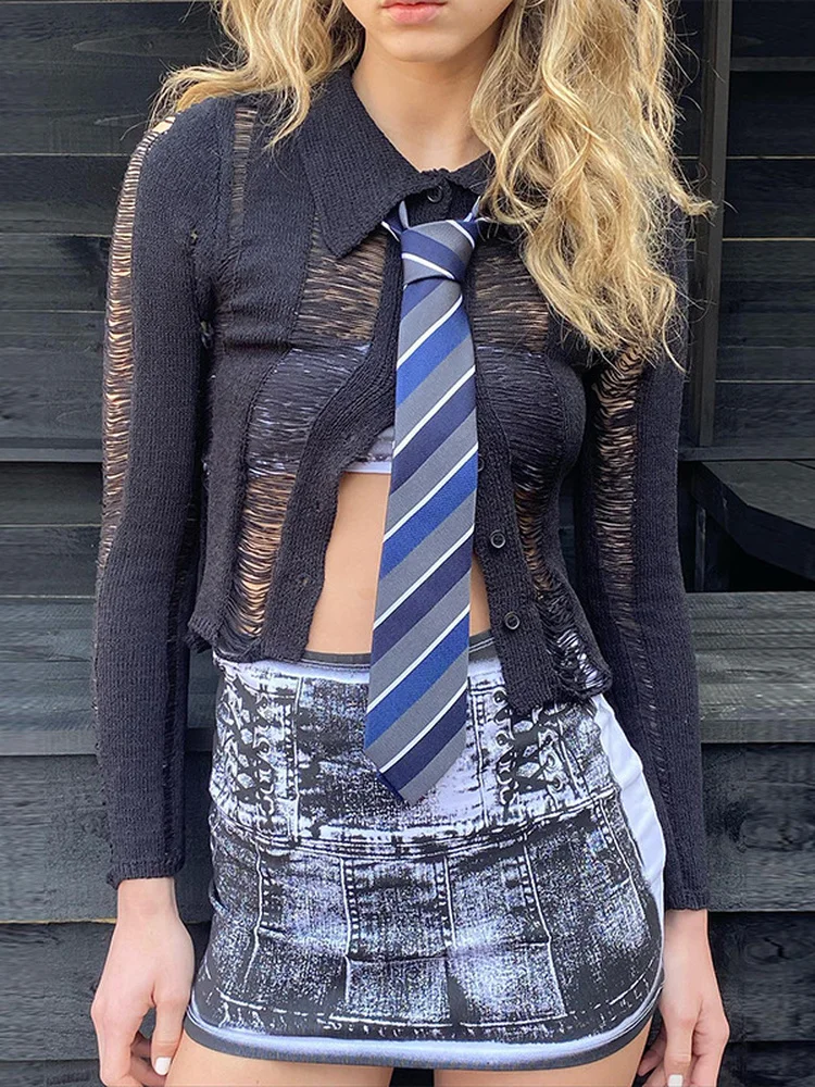 

Sexy Tassel Black T Shirts Women Hollow Out 2022 Summer V Neck Knitted Casual Fashion Long Sleeve Crop Top Club Party Y2K Tops