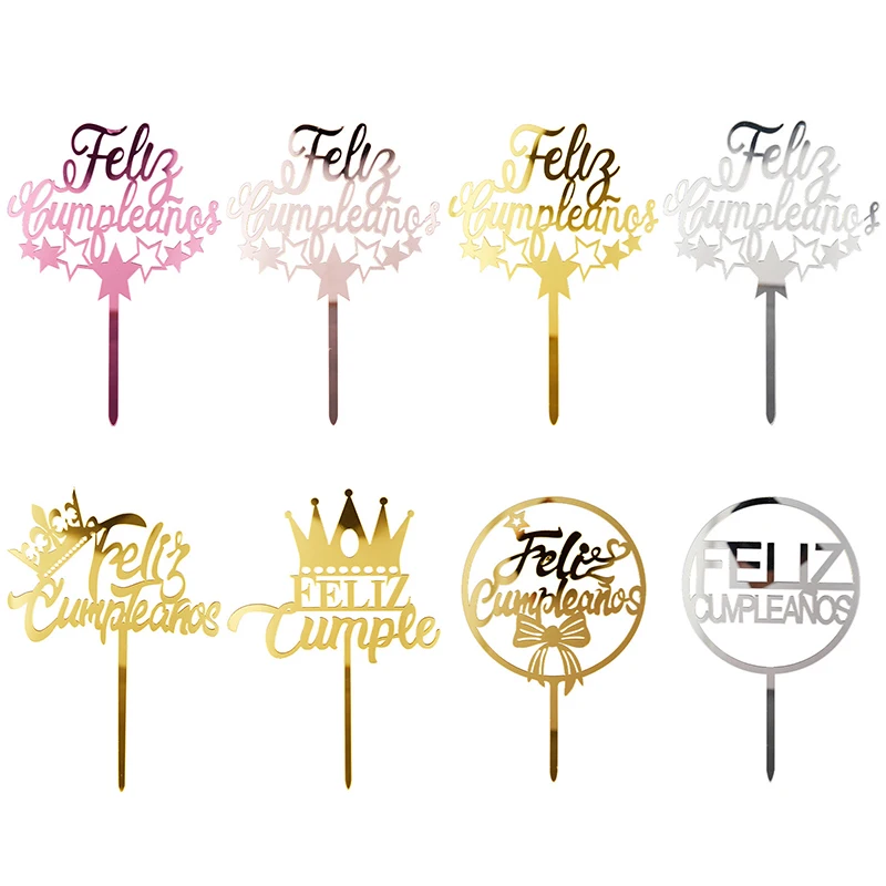 

1pcs Spanish Happy Birthday Cake Topper Acrylic Gold Feliz Cumpleanos Acrylic Cake Topper For Birthday Party Dessert Cake Decor