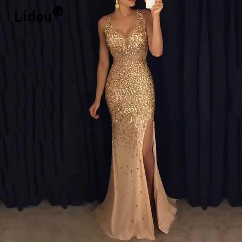 

Summer Fashion Sexy Off Shoulder Sequins High Waist Slit Bodycon High-End Maxi Dress Women Party Evening Elegant Club Vestidos