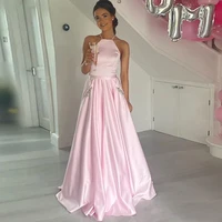 elegant pink prom dress simple halter satin pleat a line floor length evening dress backless with crystal pocket party gown 2022