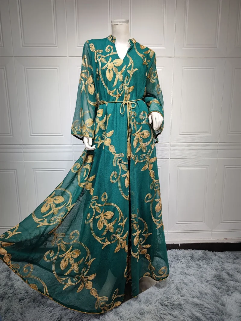 Muslim Woman Abaya Turkey New 2023 Floral Mesh Embroidery Belted Kaftan Big Hem Dress Ramadan Jalabiya