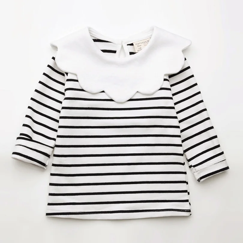 Spring Kids Girls T-shirt Children Long Sleeve Pan Collar Striped Tees Fashion Baby Girl O-Neck Blouse Tee Tops Lovely Clothes