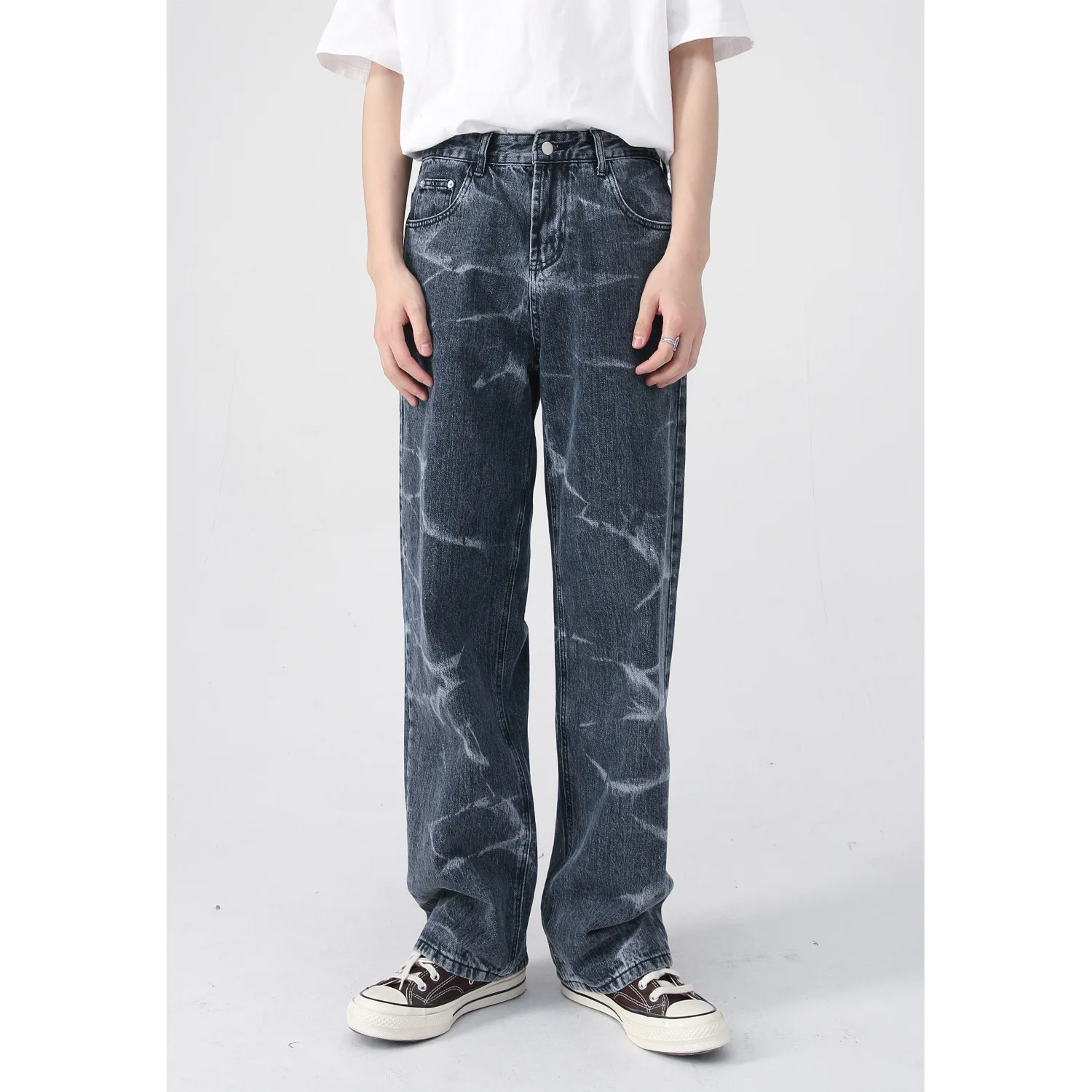 

Men Denim Trousers 2023 New Fashion Male Denim Jeans Mid Waist Printed Workwear Jeans Loose Straight Wide Leg Jeans Mop Pants