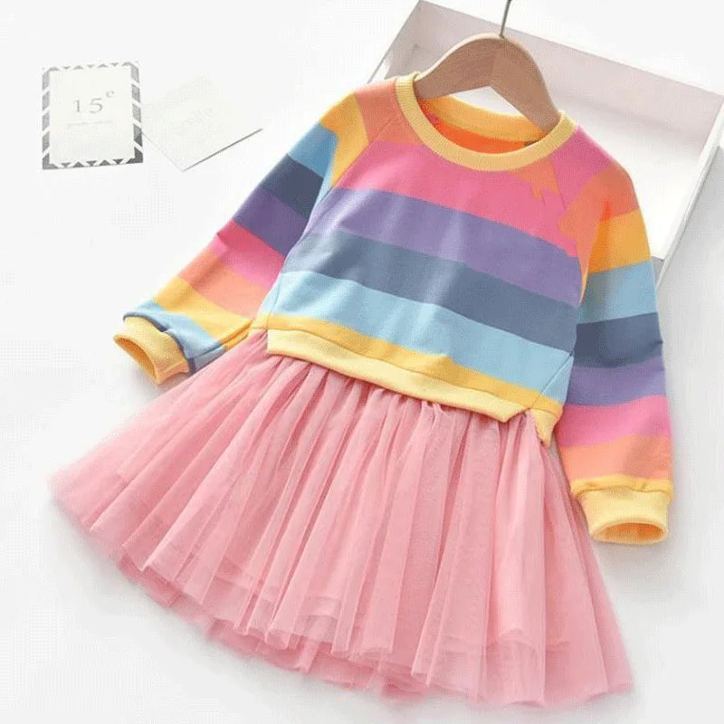 Платье принцессы для девочек, осенняя Корейская версия радужной расцветки, свитер в полоску, пышные сетчатые платья для девочек 3-7 лет, мила...