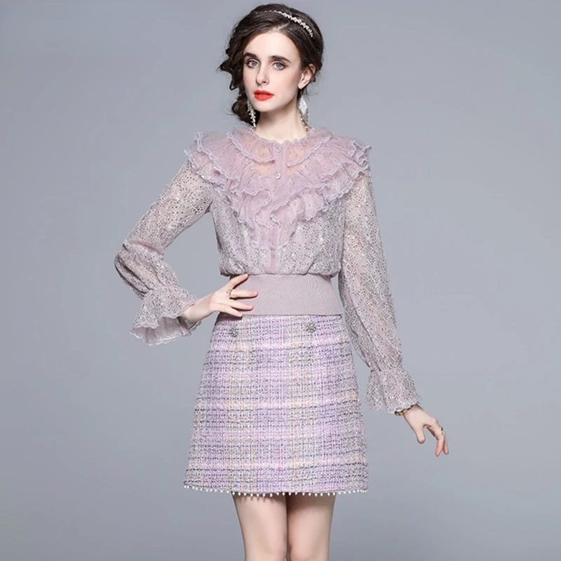 

Women Autumn Elegant Sequin Mesh Blouses Top Suit High Quality Office Party Dresses Vintage Designer Plaid Tweed Skirt Set