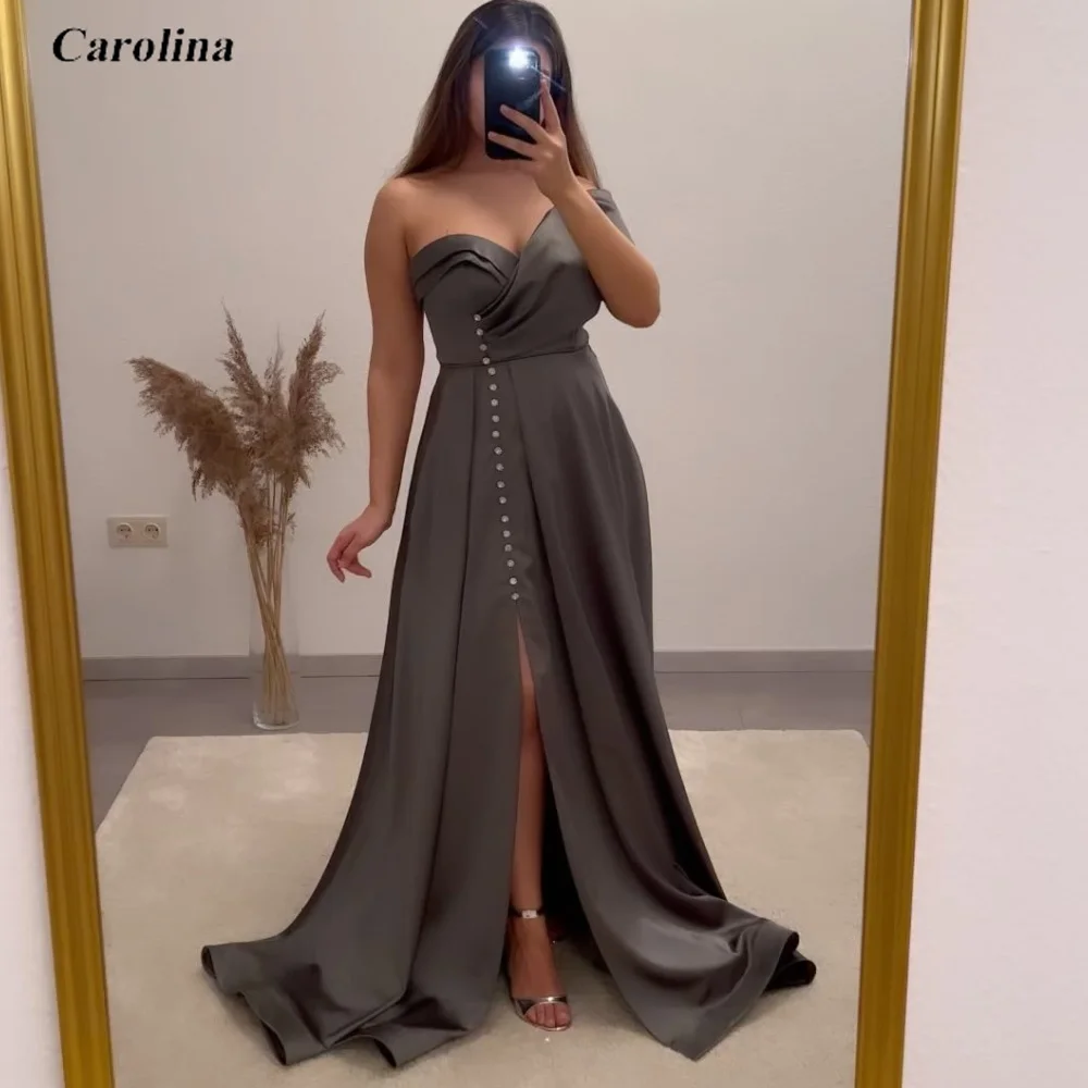 

One-Shoulder Prom Gown Sleeveless A-Line High Split Satin Simple Occasion Dress Robe De Soirée Women Ruched Evening Party Dress