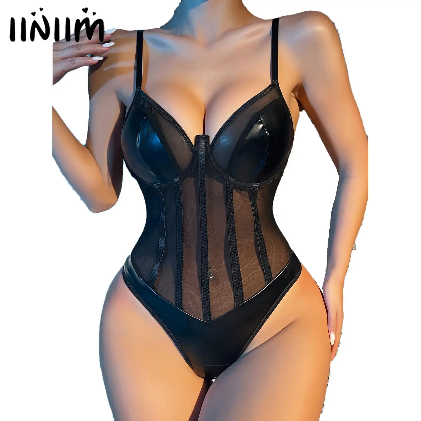 

Sexy Womens Lingerie Sheer Mesh Patchwork Bodysuit PU Leather Leotard Low-Cut Backless Catsuit Rave Clubwear for Pole Dancing
