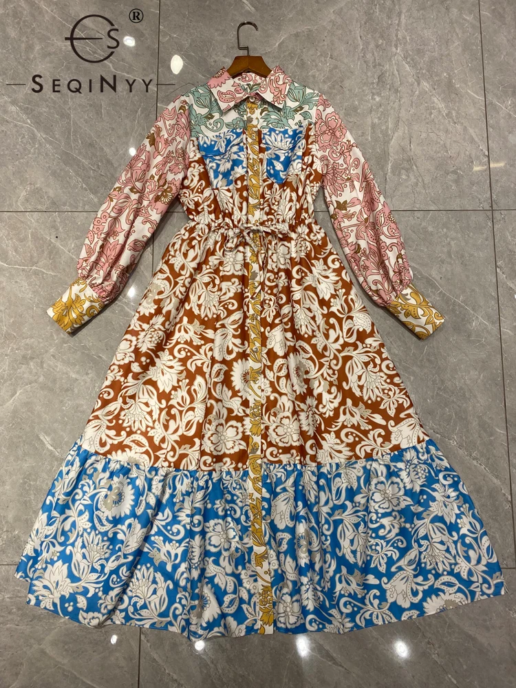 

SEQINYY Bohemia Shirt Dress Summer Spring New Fashion Design Women Runway High Street Vintage FLowers Print Belt A-Line