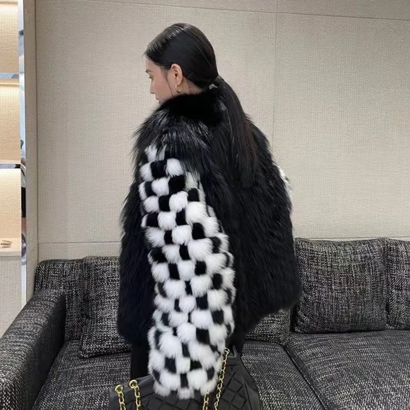 Luxury Checkerboard Red Fox Fur Coat Jackets Women Female Natural Gold Island Fox Fur Plush Warm Outerwear 2022 New Clothes enlarge