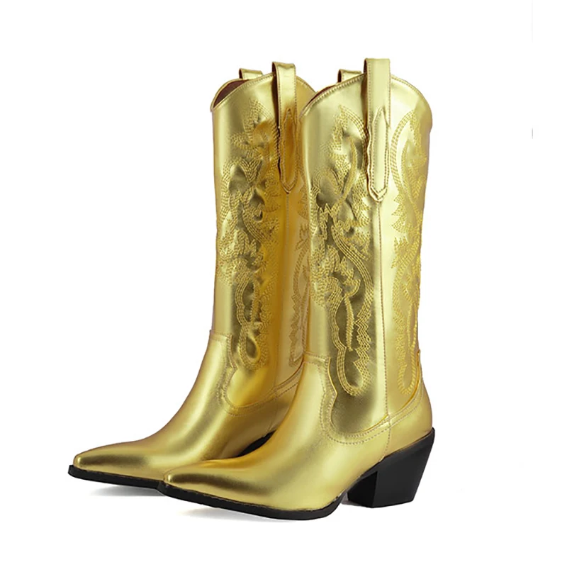 

2023 New Western Jeans Totem Boots 6cm Thick High Heel Pointed Gold Silver Chelsea Boots Fashion Knee Length Leather Shoes 34-43