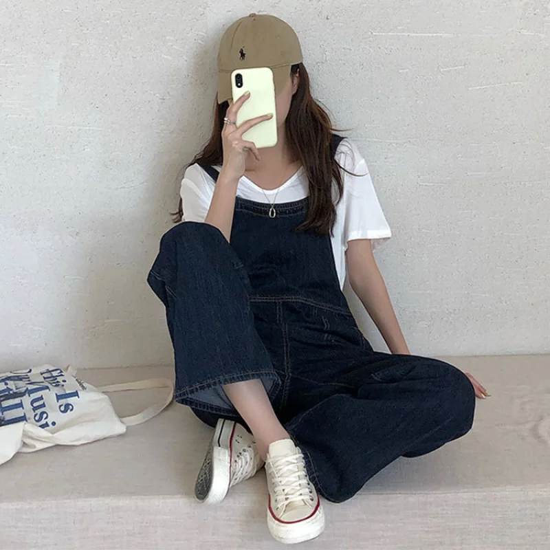 Denim Strap Pants Spring Summer 2023 New Korean Style Women's Vintage Port Style Ins Loose Straight Leg Wide Leg Floor Towers