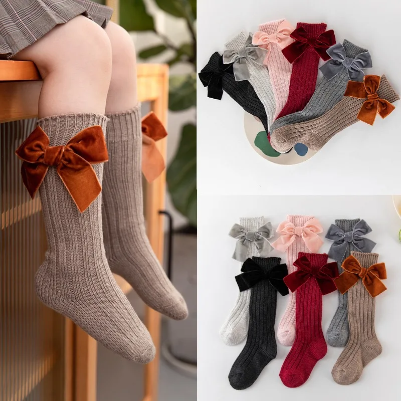 

2020 Winter Kids Socks Toddlers Girls Big Bow Socks Knee High Long Soft Socks 100% Cotton Baby Leg Warmers