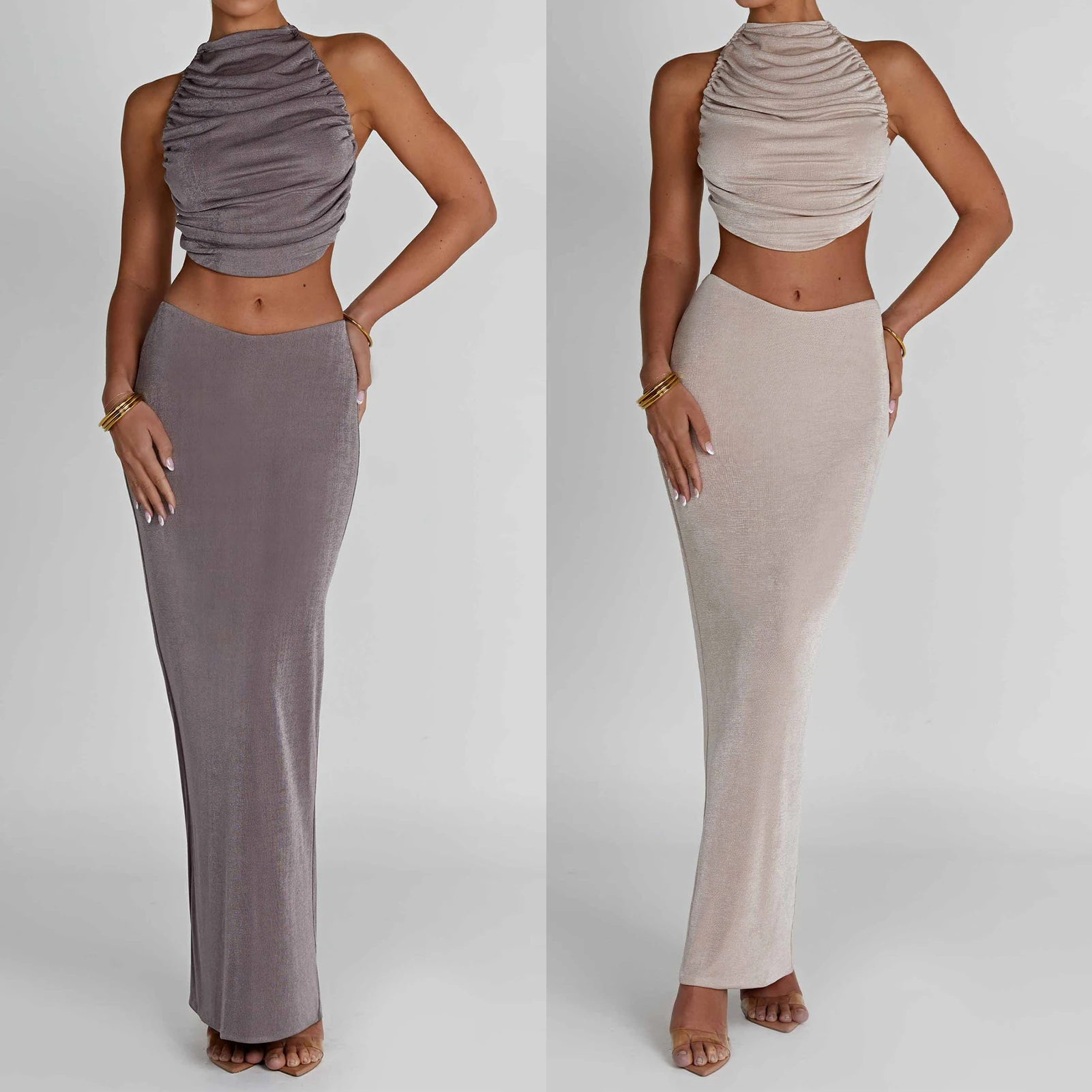 

Khaki Casual Two Piece Set 2023 Top Pleated Long Skirt Autumn Women Set High Stretch 2 Piece Set Women Outfit Party Clubwear