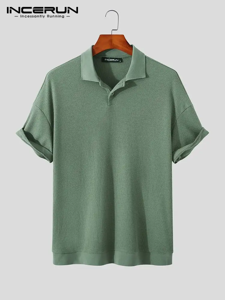 Casual Simple Style New Men Tops INCERUN Handsome Male Hot Sale Short Sleeve Shirts Solid Color V-neck Lapel Collar Blouse S-5XL