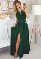 a line dark green chiffon prom dresses scoop neck sleeveless backless side split floor length party dress sukienka wieczorowa