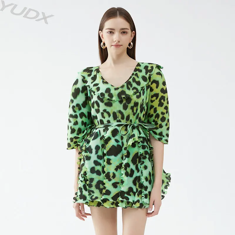 

Женское плиссированное платье YUDX Miyake, короткое сексуальное платье с леопардовым принтом для весны и лета, 2023