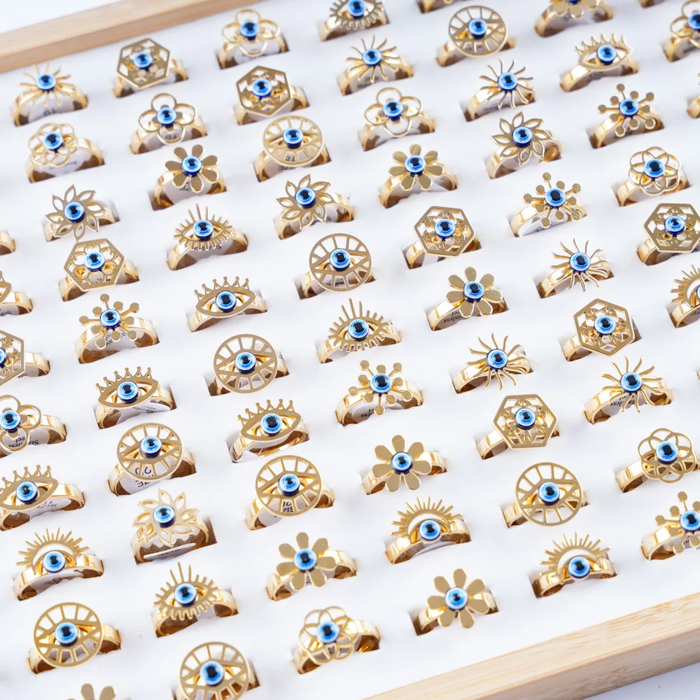 

30Pcs/Lot Wholesale Fashion Evil Lucky Blue Eyes Stainless Steel Rings for Women Party Gifts Jewelry Accessories