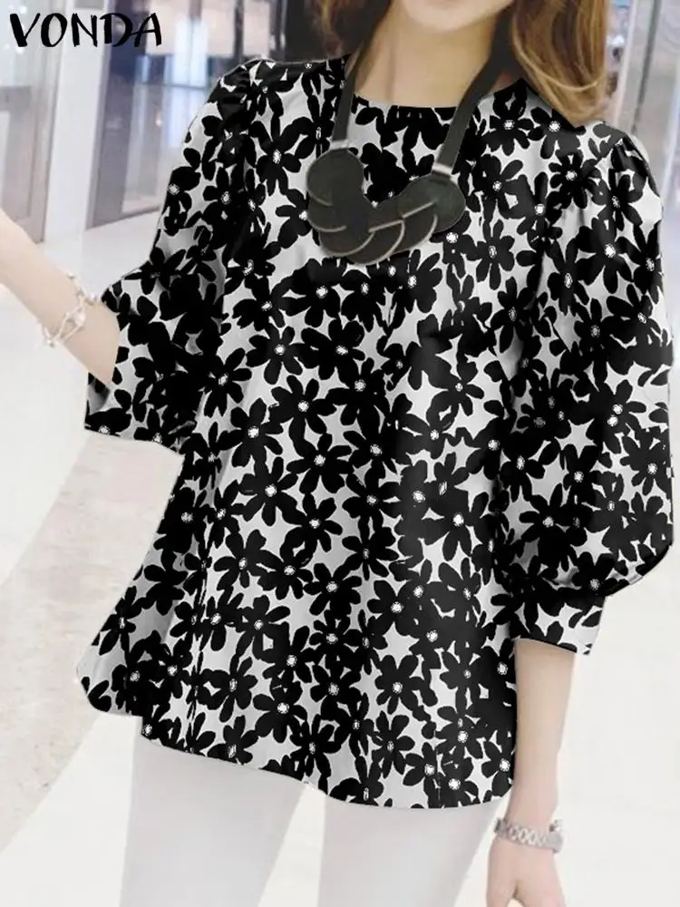 

2023 VONDA Summer Fashion Blouses Women Shirt Half Puff Sleeve Floral Printed Bohemian Blusas Casual Loose Tunic Tops Streetwear