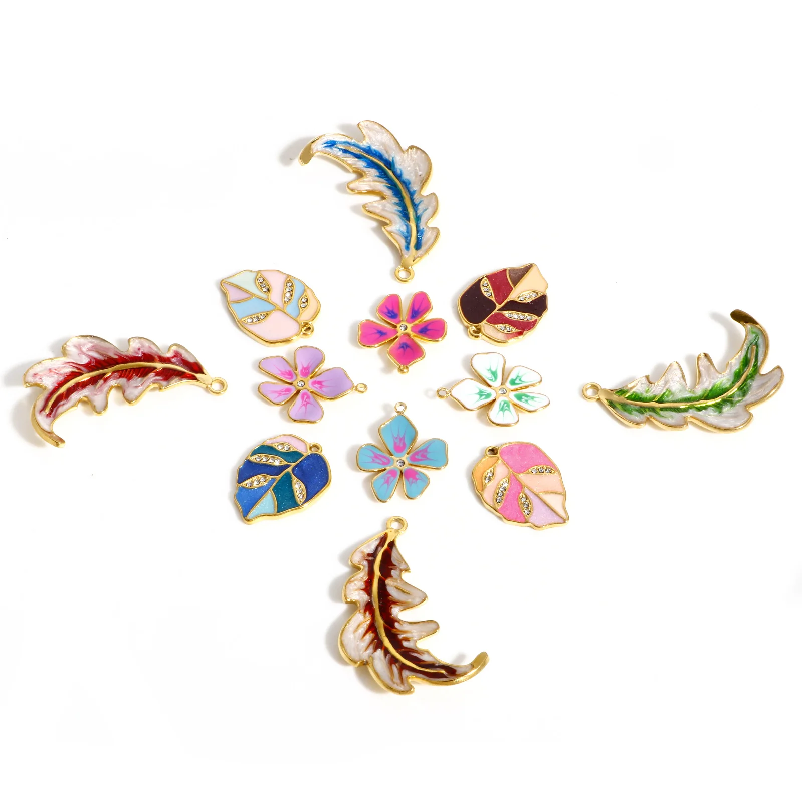 304 подвески из нержавеющей стали с цветами и листьями красочные эмалевые