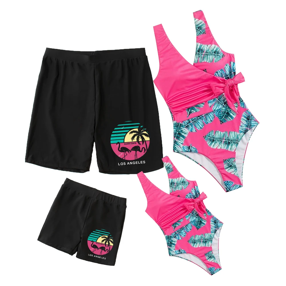 

2023 Family Swimwear Leaf Mother Daughter Matching Swimsuits Mommy and Me Bikini Dresses Clothes Outfits Father Son Swim Shorts