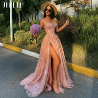 jeheth glitter pink prom dresses 2022 strapless sleeveless high split prom dresses woman party night floor length robe de soiree