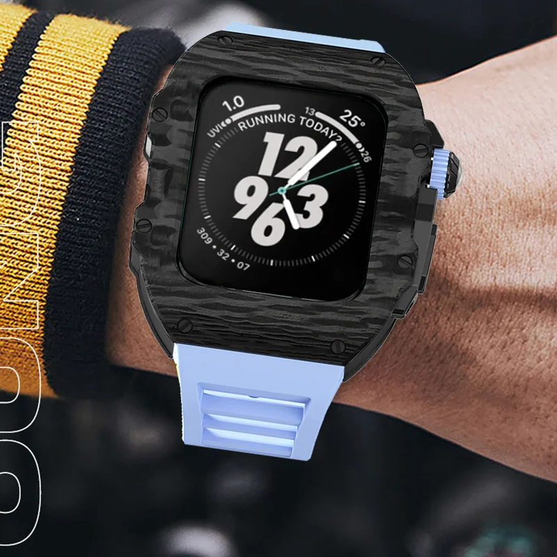Modification Kit Carbon Fiber Case for Apple Watch Ultra 8 7 6 SE 5 4 Metal Mod Kit for IWatch 49MM 45MM 44MM Fluororubber Strap