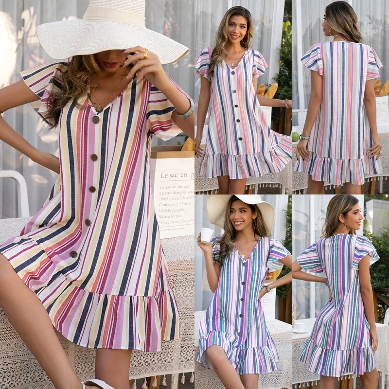 

Summer New Women's Fashion Color Stripe Printed Ruffle Sleeve V-neck Dress Womanly Elegant Comfortable Short Dress 2022
