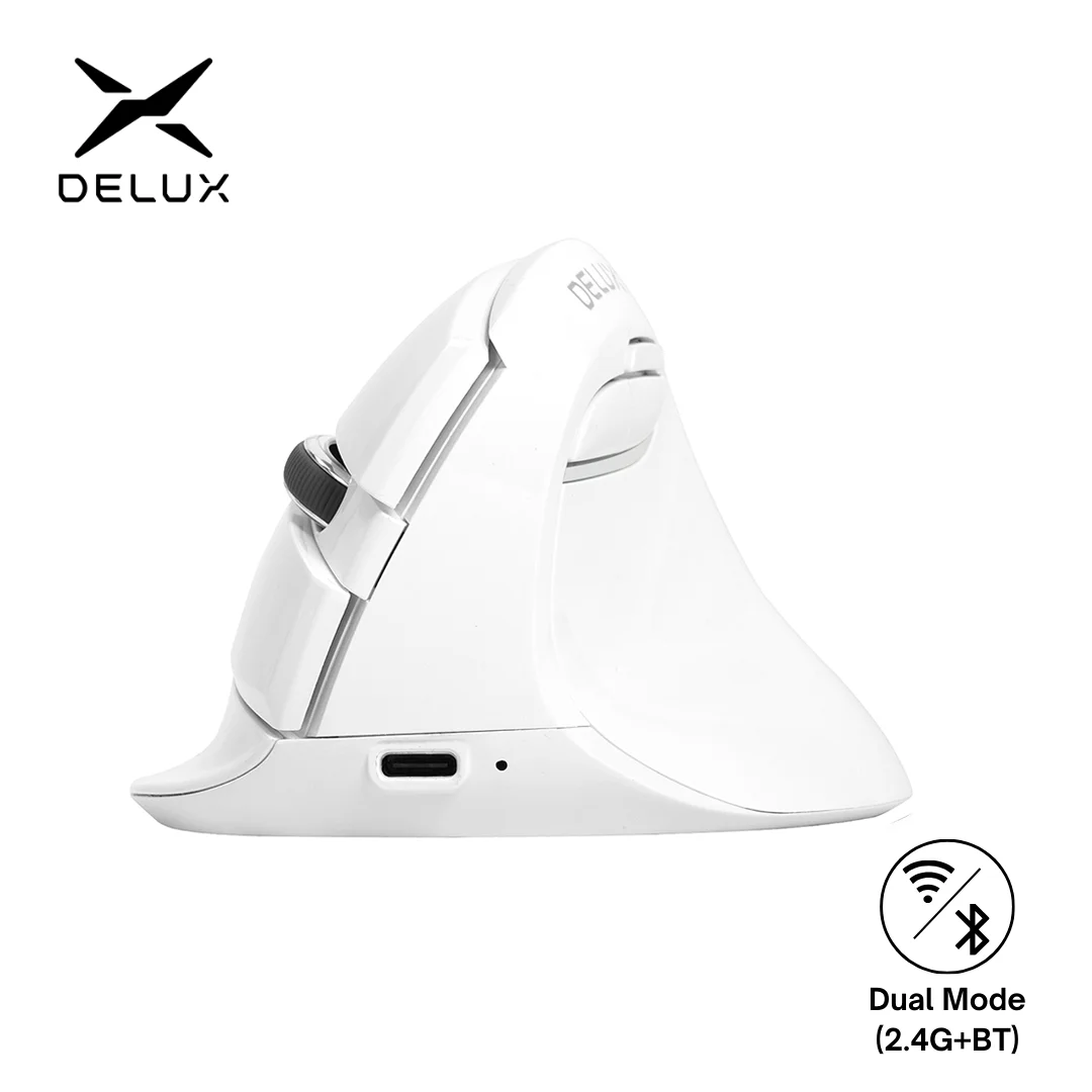 Фото Delux M618 Мини- эргономичная мышь Беспроводная вертикальная игровая мышь Белая Bluetooth 2,4 ГГц RGB Перезаряжаемая бесшумная мышь для офиса №1