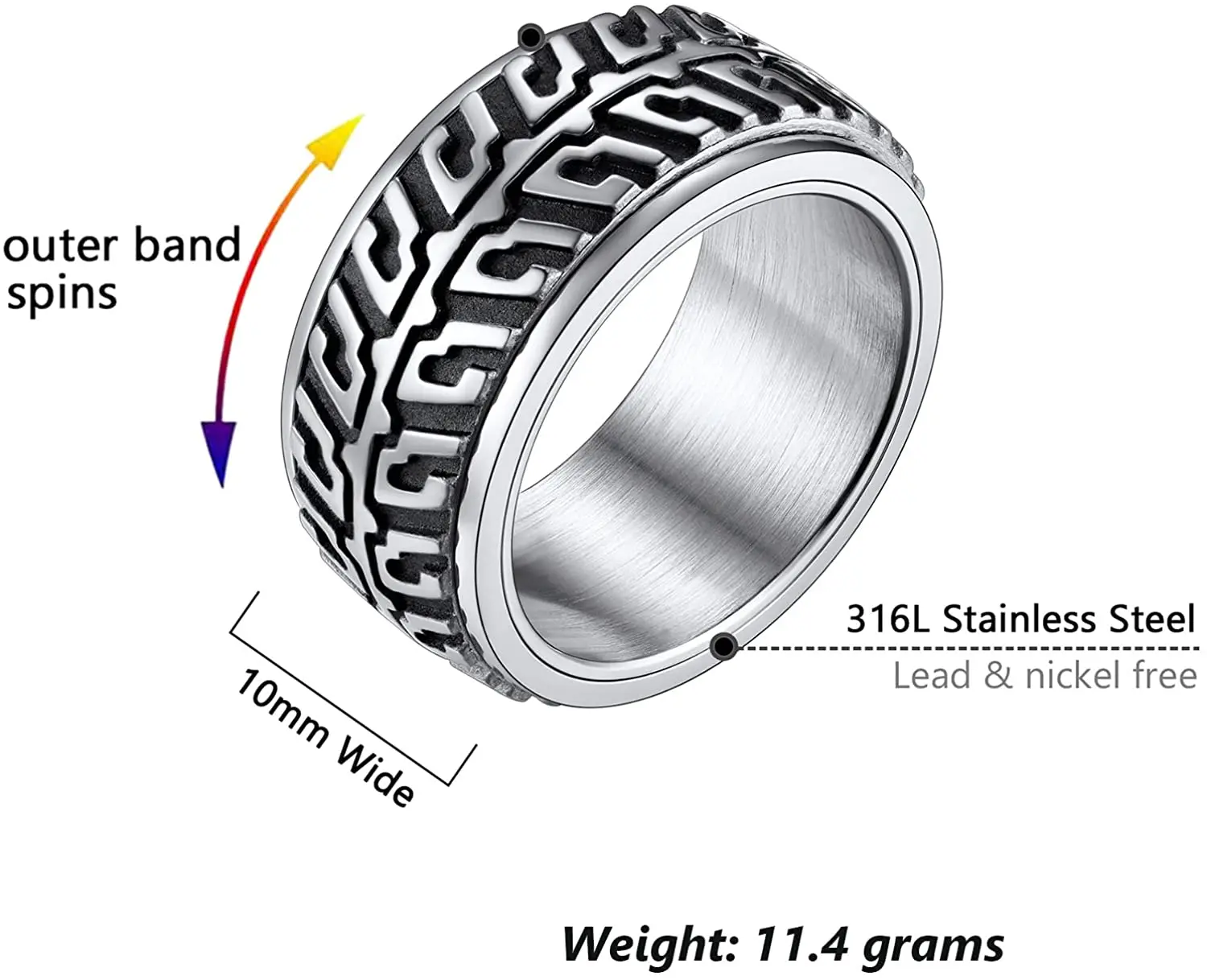 ChainsPro Men's Stainless Steel Spinner Ring 10mm Cool Car Motorcycle Tire Tread Band Steampunk Ring, Size 7-12 CP945